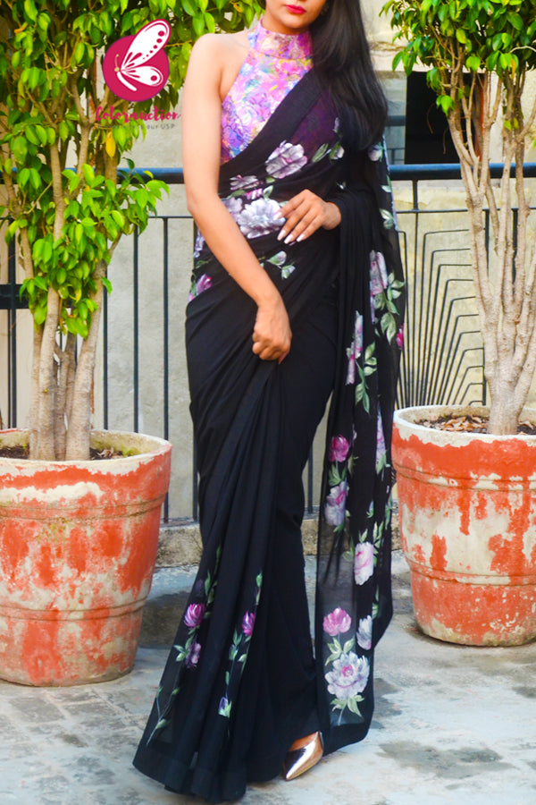 Black Net Floral Handpainted Multicoloured Dupion Silk Taping Saree
