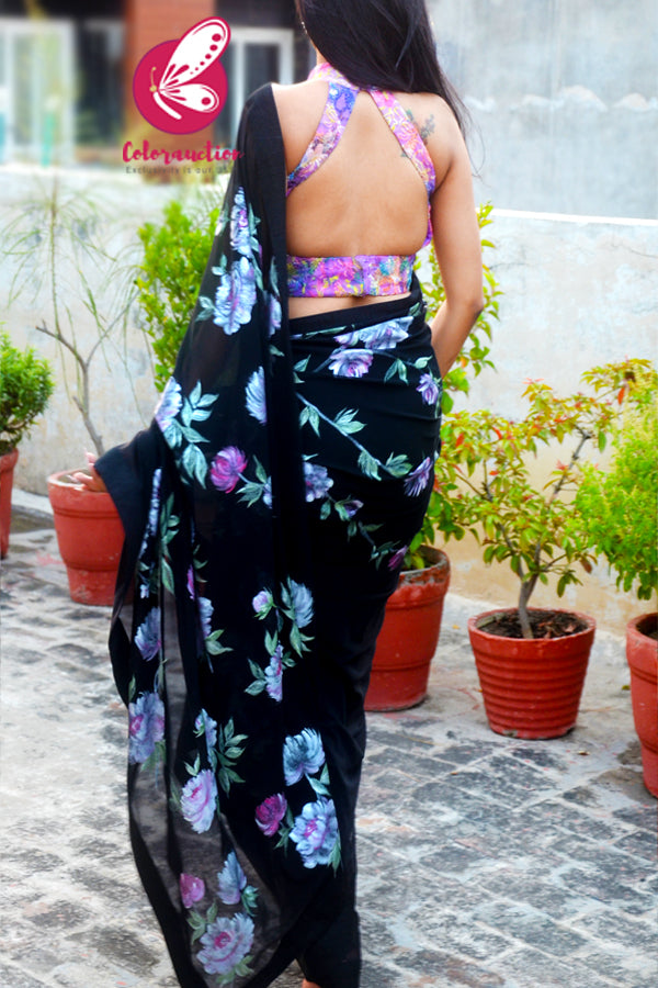 Black Net Floral Handpainted Multicoloured Dupion Silk Taping Saree