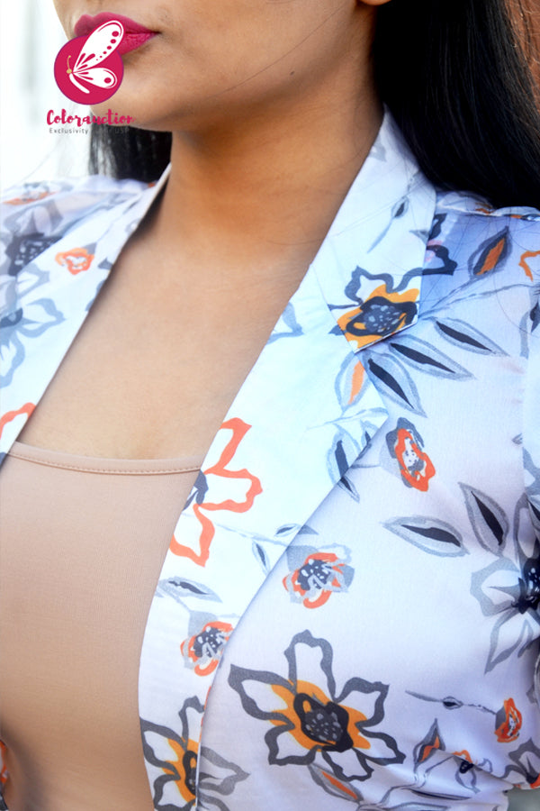 Off White Printed Floral Satin Georgette Short Shrug