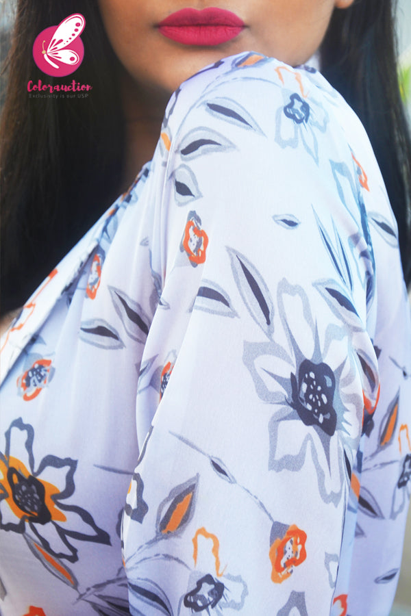 Off White Printed Floral Satin Georgette Short Shrug