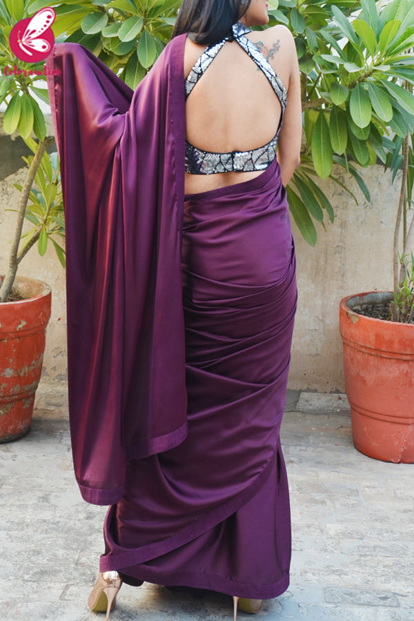 Wine Satin Dupion Silk Taping Saree
