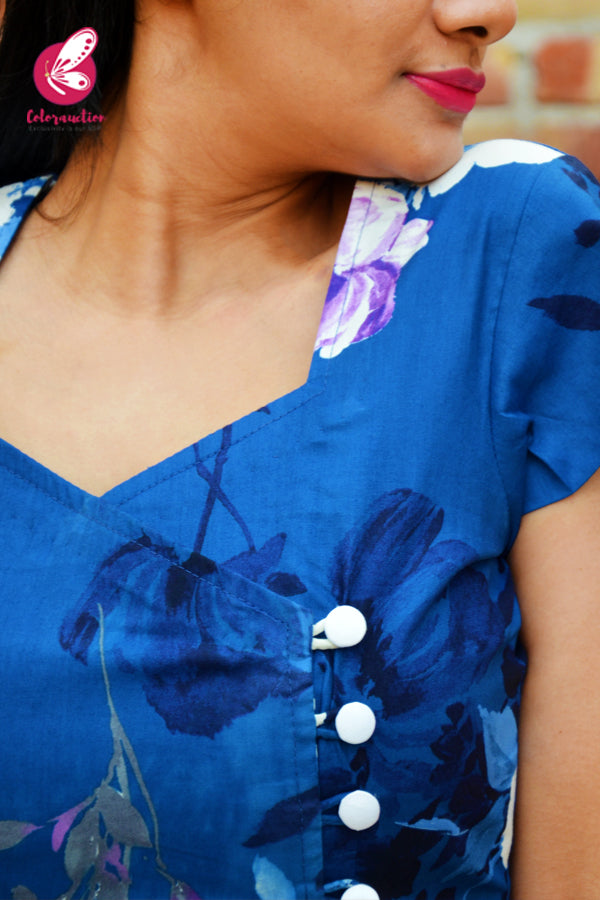 Blue &amp; White Printed Cotton Silk Sleeves Kurti