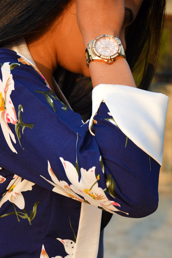Navy Blue Printed Floral White Satin Collar Quarter Sleeves Crepe Long Shrug