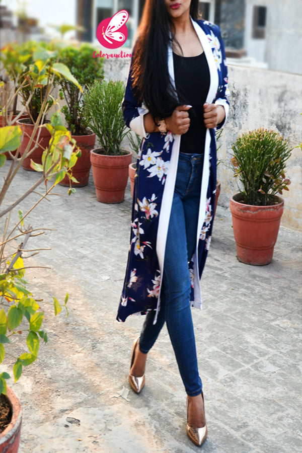 Navy Blue Printed Floral White Satin Collar Quarter Sleeves Crepe Long Shrug