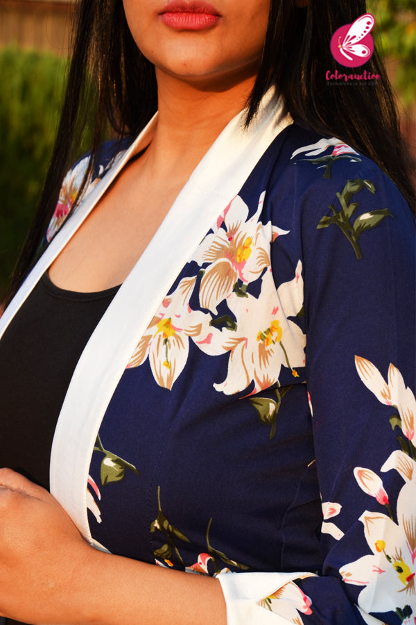 Navy Blue Printed Floral White Satin Collar Quarter Sleeves Crepe Long Shrug