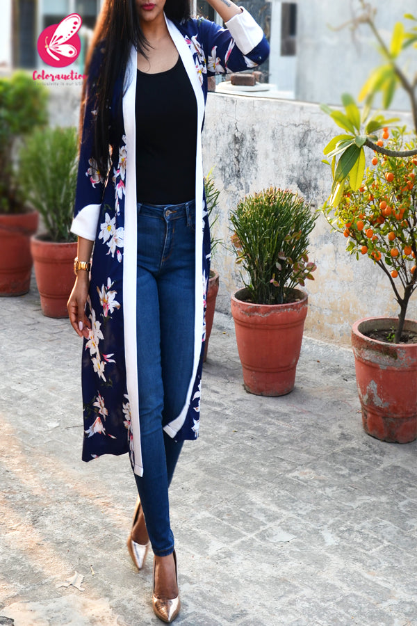 Navy Blue Printed Floral White Satin Collar Quarter Sleeves Crepe Long Shrug