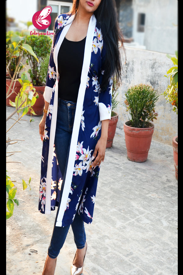 Navy Blue Printed Floral White Satin Collar Quarter Sleeves Crepe Long Shrug