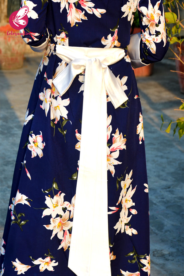 Navy Blue Printed Floral White Satin Collar Quarter Sleeves Crepe Long Shrug