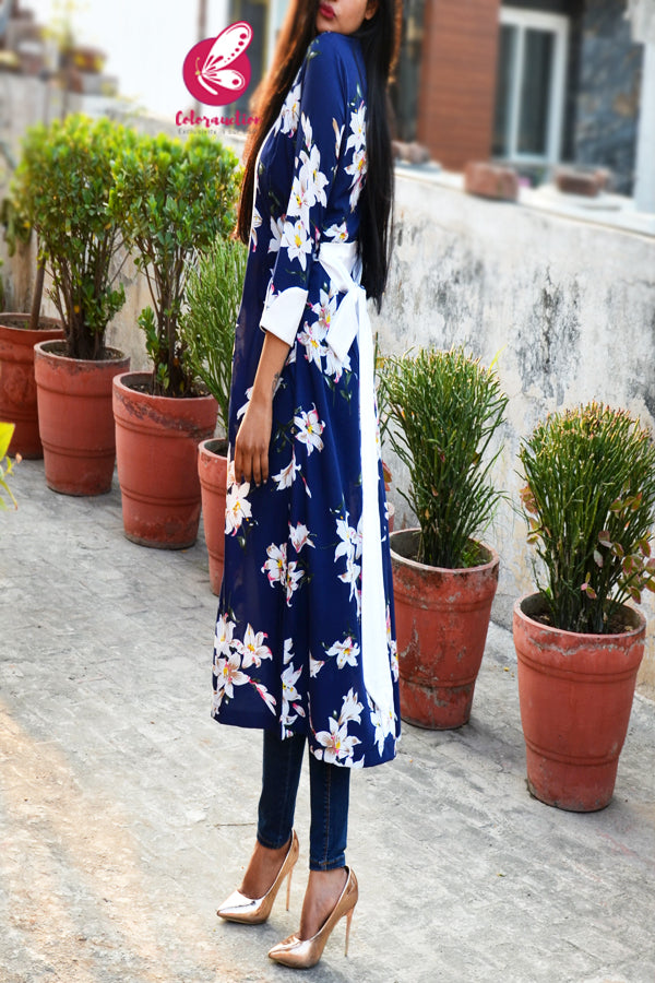 Navy Blue Printed Floral White Satin Collar Quarter Sleeves Crepe Long Shrug