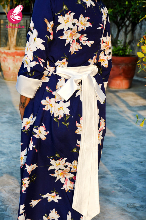 Navy Blue Printed Floral White Satin Collar Quarter Sleeves Crepe Long Shrug