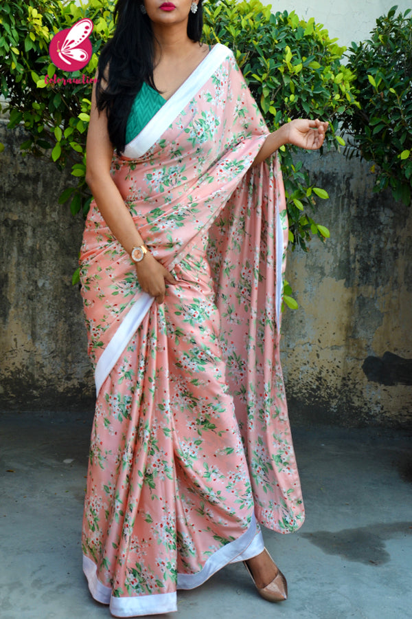 Peach Printed Floral Satin Taping Piping Saree