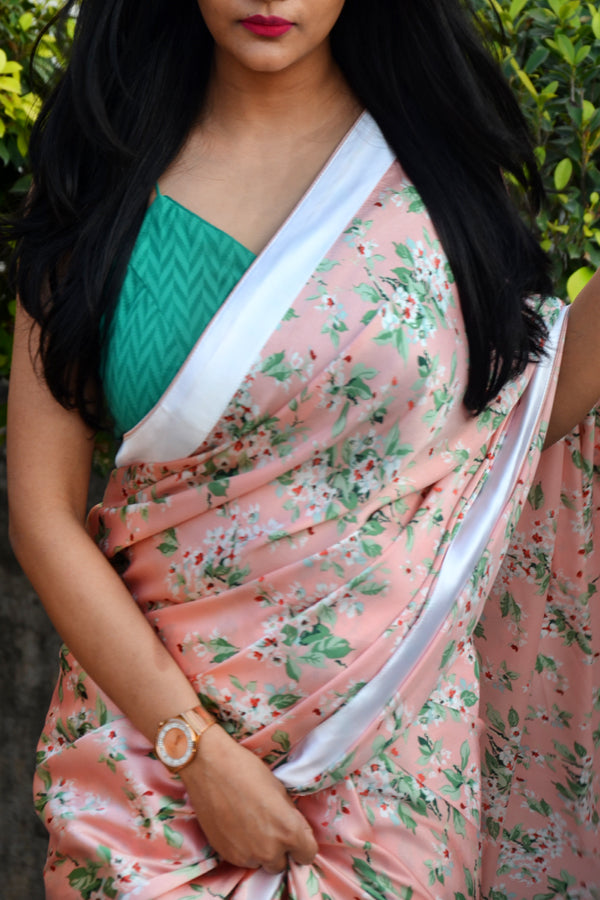 Peach Printed Floral Satin Taping Piping Saree