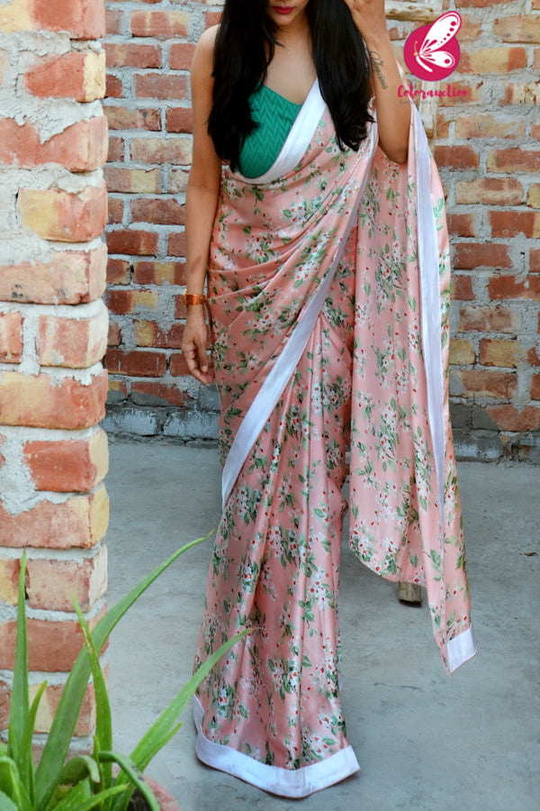 Peach Printed Floral Satin Taping Piping Saree