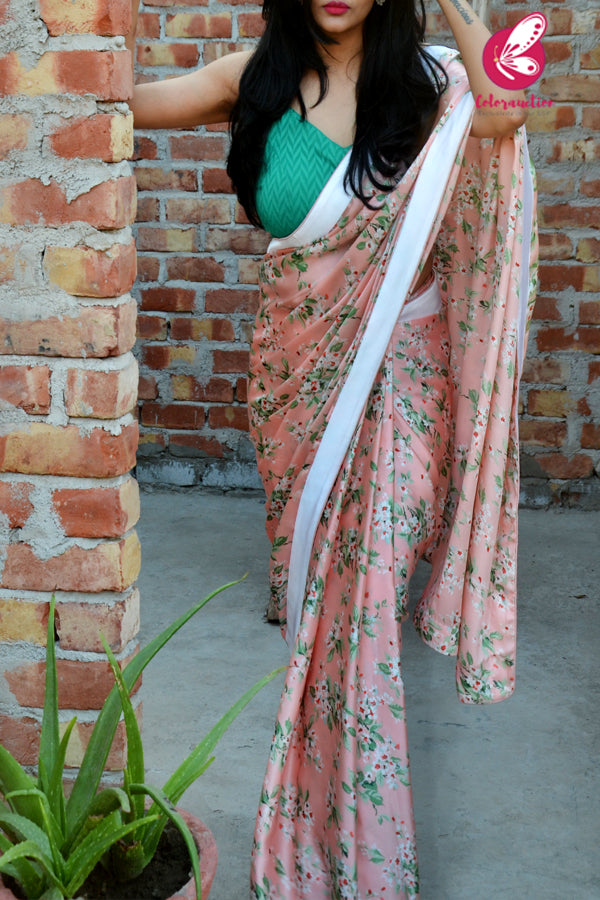 Peach Printed Floral Satin Taping Piping Saree