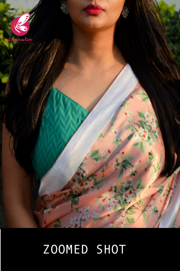Peach Printed Floral Satin Taping Piping Saree