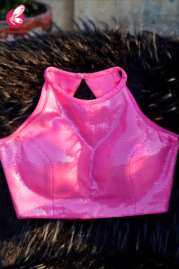 Pink Sequins Backless Padded Blouse