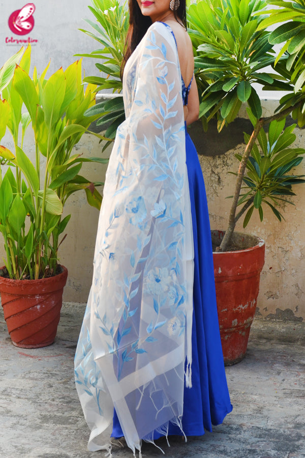 Blue &amp; White Satin Lehenga With White Hand Painted Organza Stole