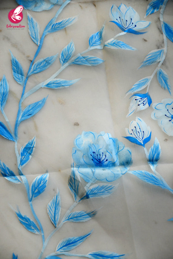 Blue &amp; White Satin Lehenga With White Hand Painted Organza Stole