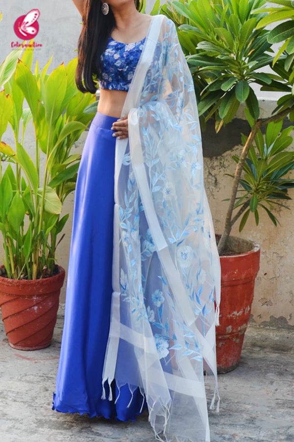 Blue &amp; White Satin Lehenga With White Hand Painted Organza Stole