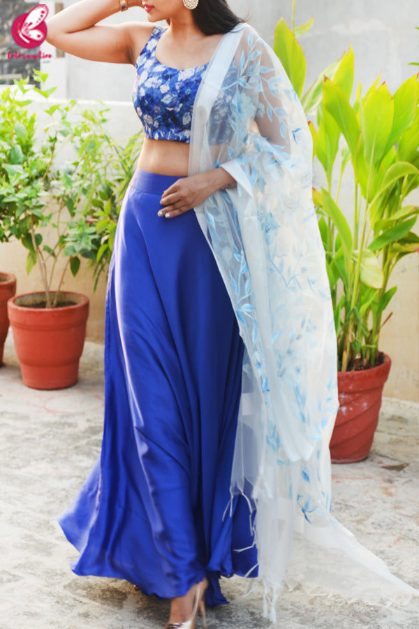 Blue &amp; White Satin Lehenga With White Hand Painted Organza Stole