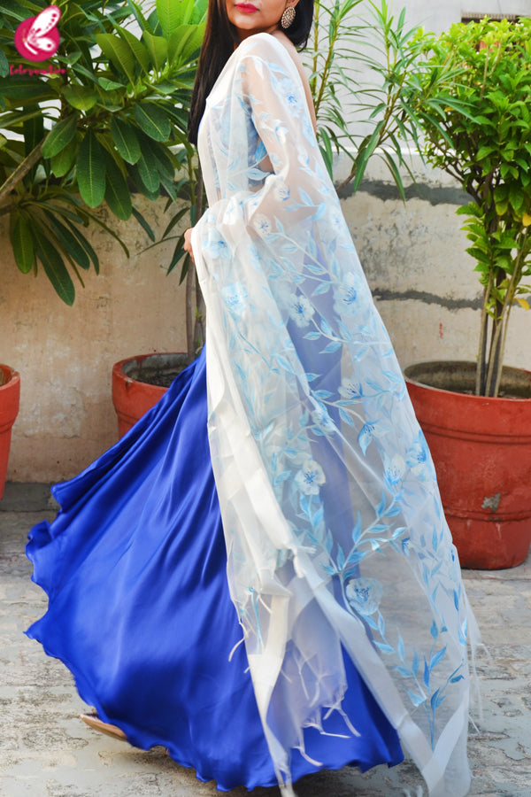 Blue &amp; White Satin Lehenga With White Hand Painted Organza Stole