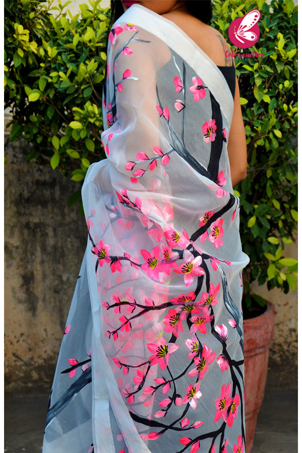 Off White Neon Pink Floral Pure Organza Stole