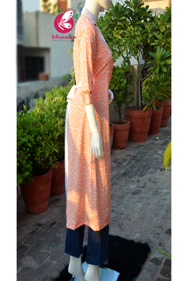 Peach &amp; White Crepe White Satin Collar &amp; White Satin Belt