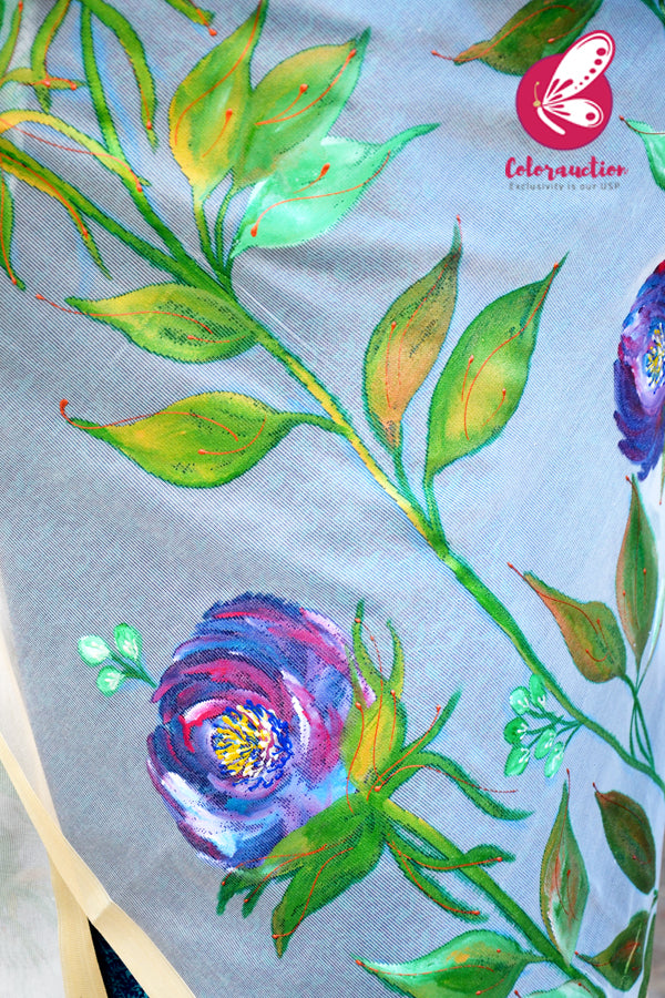 Off White Pure Chanderi Handpainted Vibrant Floral Stole