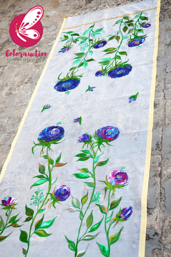 Off White Pure Chanderi Handpainted Vibrant Floral Stole