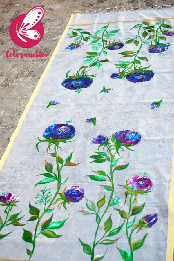 Off White Pure Chanderi Handpainted Vibrant Floral Stole