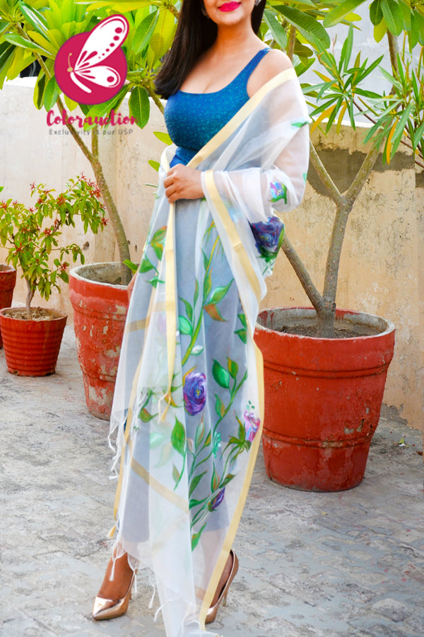Off White Pure Chanderi Handpainted Vibrant Floral Stole