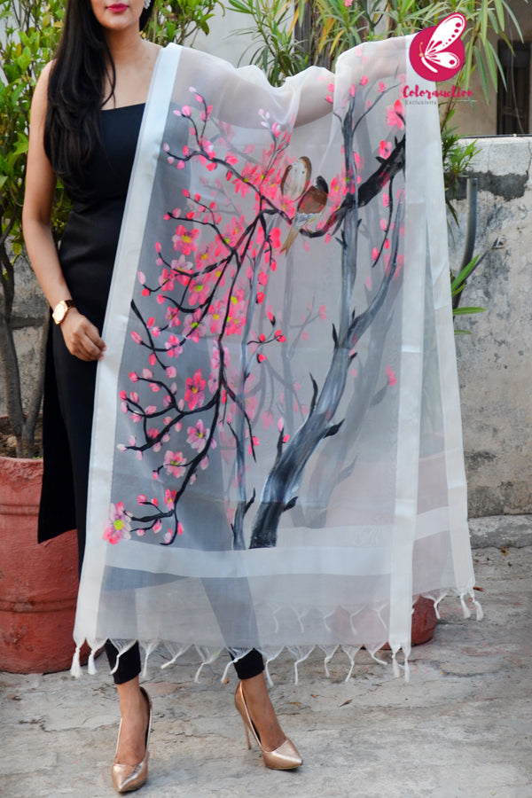 Off White Neon Pink Floral Pure Organza Stole