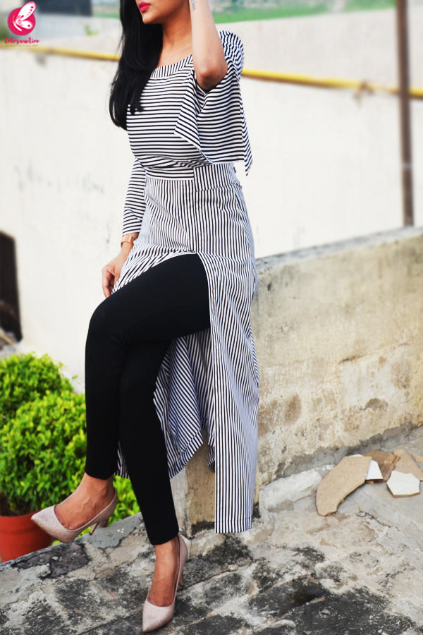 Black and White Stripes Crepe Front Slit Kurti