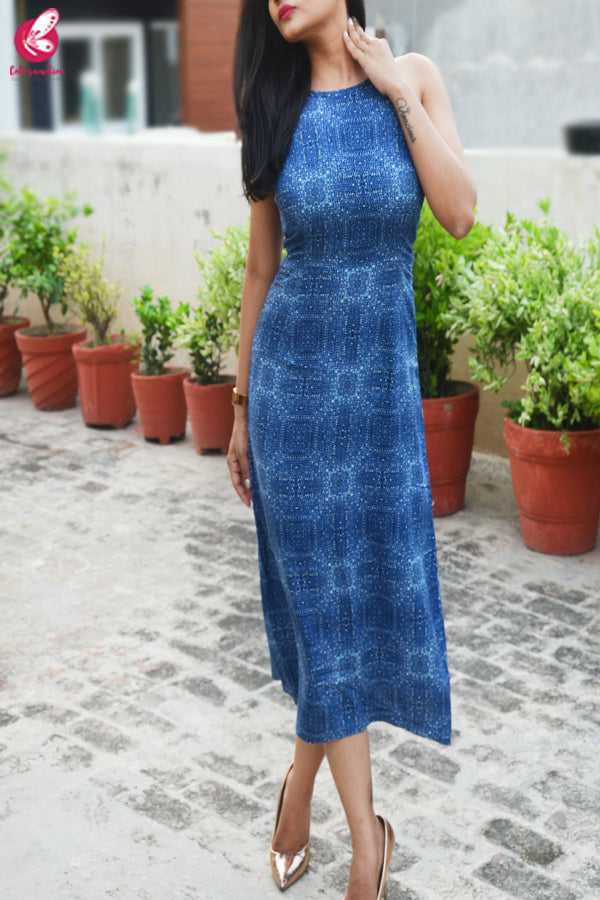 Blue Printed Crepe Dress