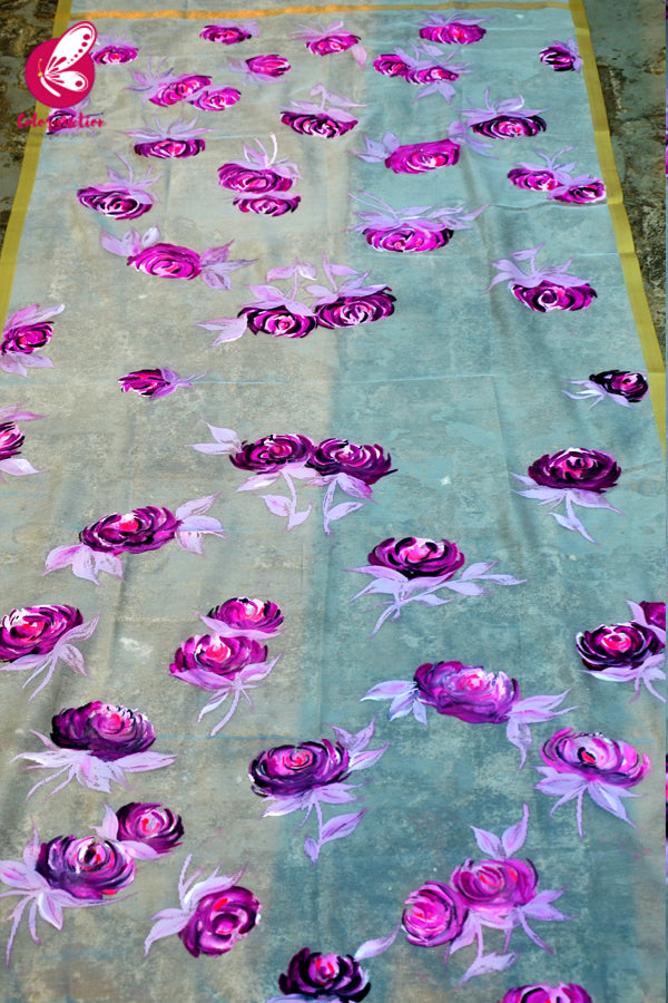 Off White Pure Organza Purple Roses Floral Stole