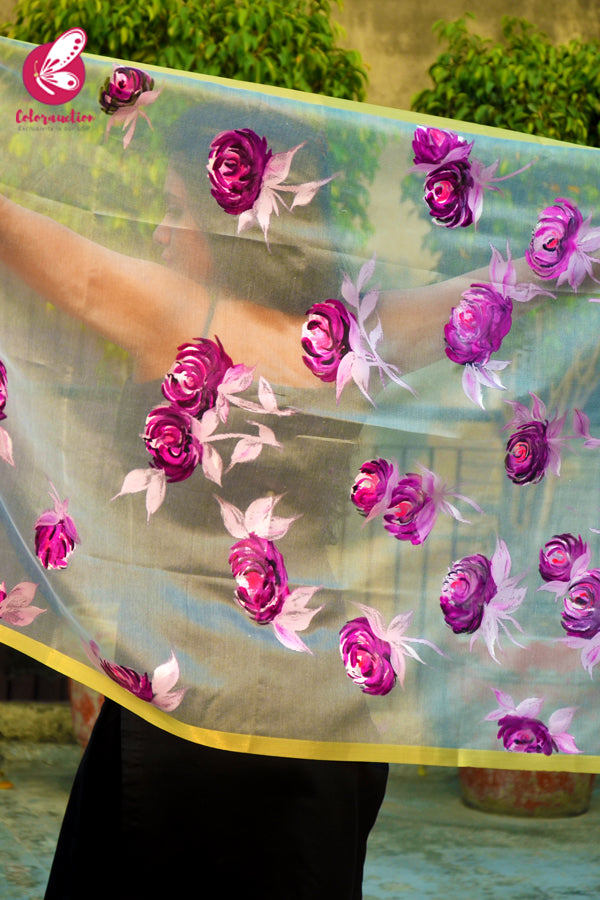 Off White Pure Organza Purple Roses Floral Stole