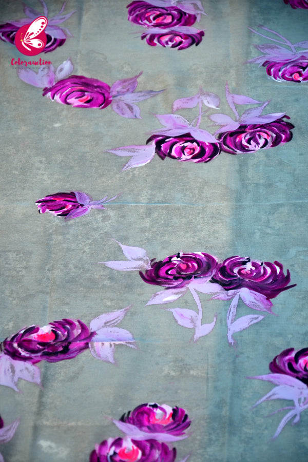 Off White Pure Organza Purple Roses Floral Stole