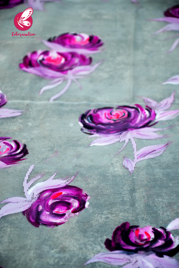 Off White Pure Organza Purple Roses Floral Stole