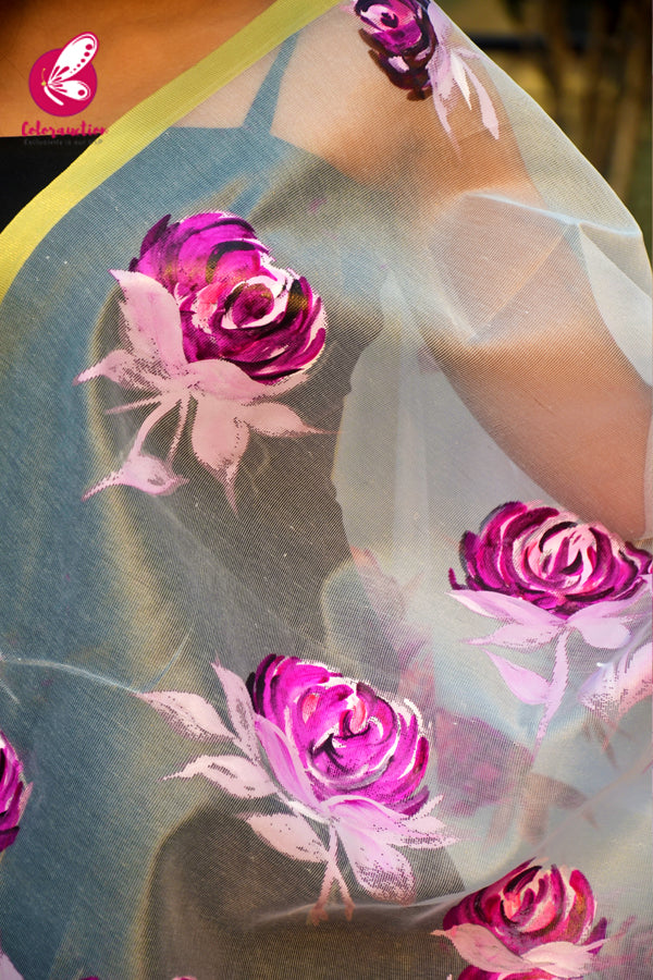 Off White Pure Organza Purple Roses Floral Stole