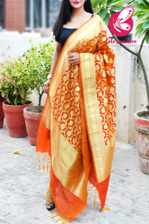 Orange Floral Banarasi Silk Dupatta