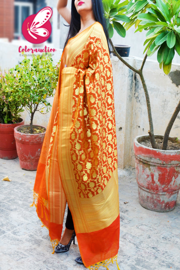 Orange Floral Banarasi Silk Dupatta
