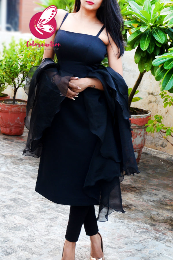 Black Pure Organza Three-Tier Ruffle Stole