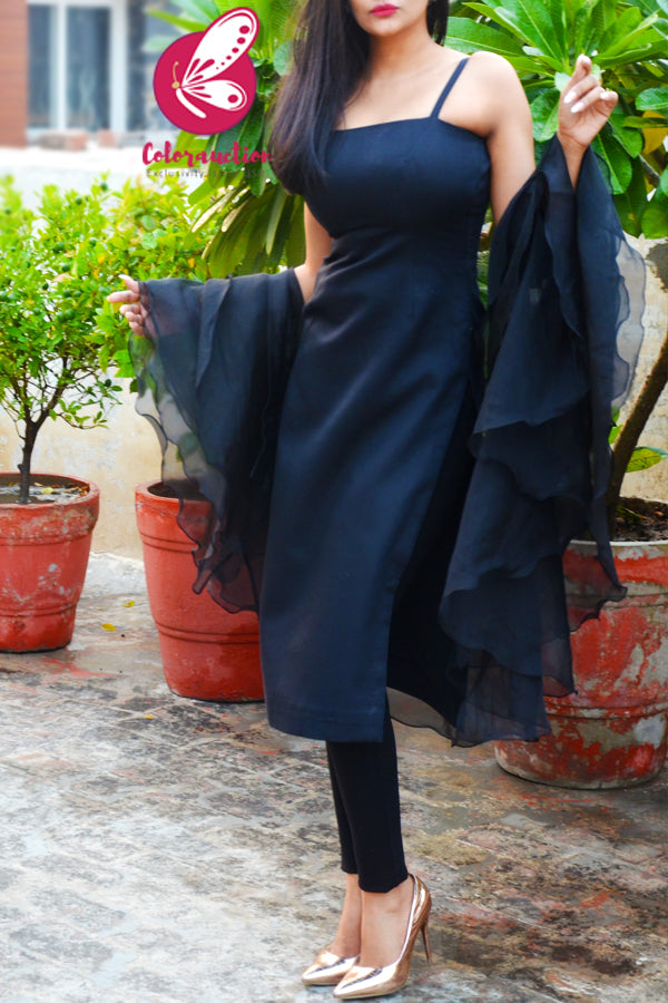 Black Pure Organza Three-Tier Ruffle Stole