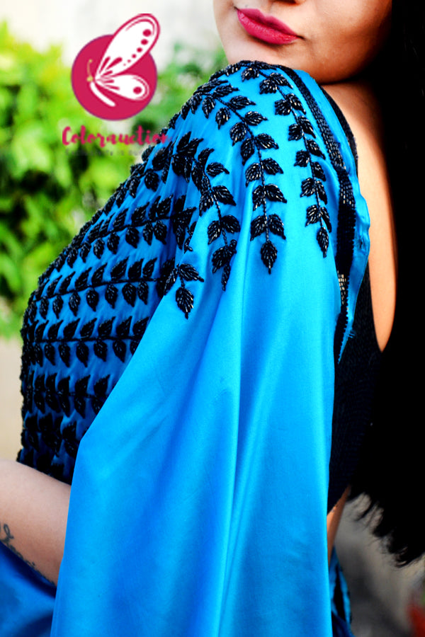 Blue Pure Silk Beads Katdana Handwork saree