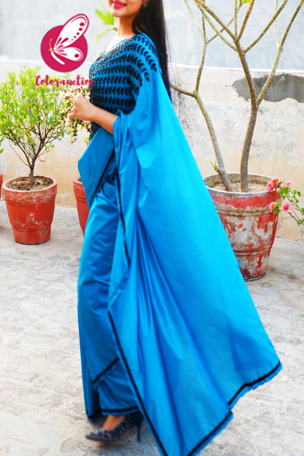 Blue Pure Silk Beads Katdana Handwork saree