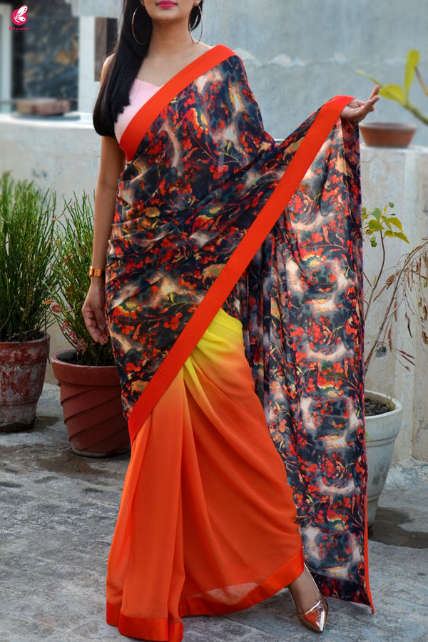 Orange &amp; Yellow Double Shaded Georgette Saree