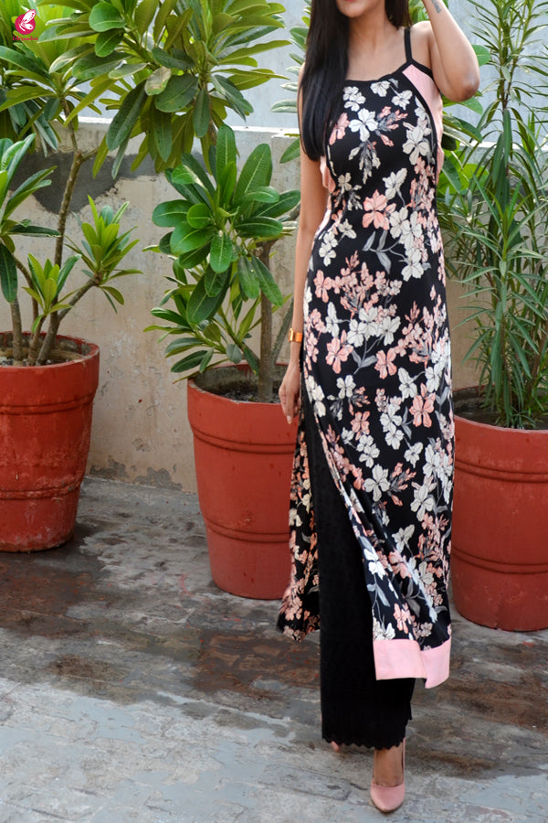 Black Printed Strappy Crepe Straight Kurti with Black Lakhnawi Palazzo Kurti Set
