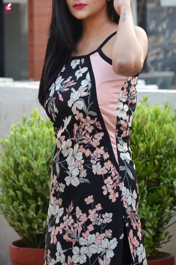 Black Printed Strappy Crepe Straight Kurti with Black Lakhnawi Palazzo Kurti Set