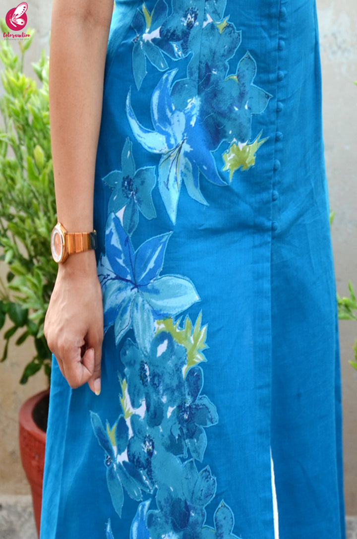 Sky Blue Pure Linen Patch Work Kurti