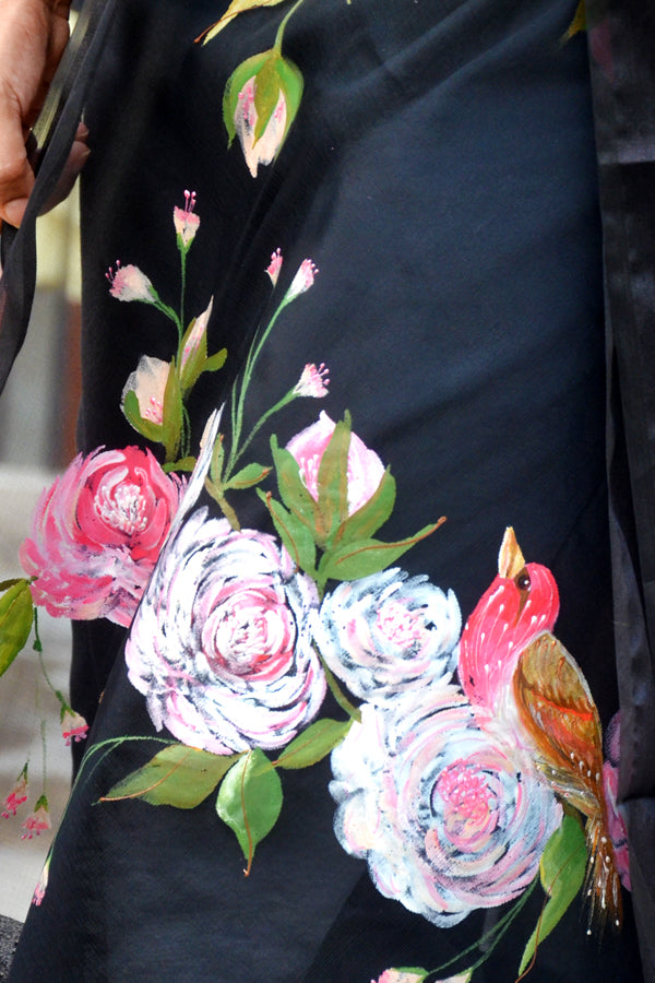 Black Organza Handpainted Colourful Floral Stole